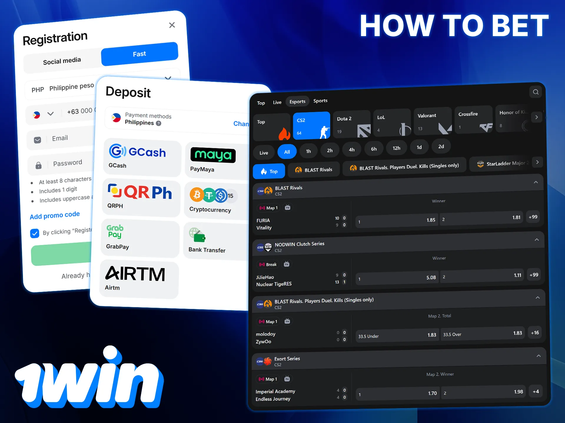 Register with 1win, find the eSports section and place your CS2 stake.