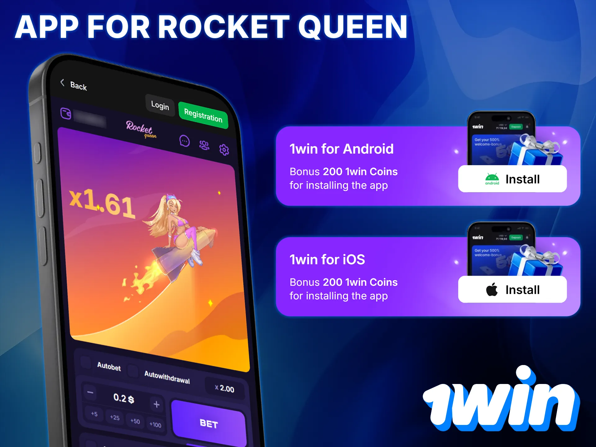 Play Rocket Queen in the 1win mobile app for Android and iOS.