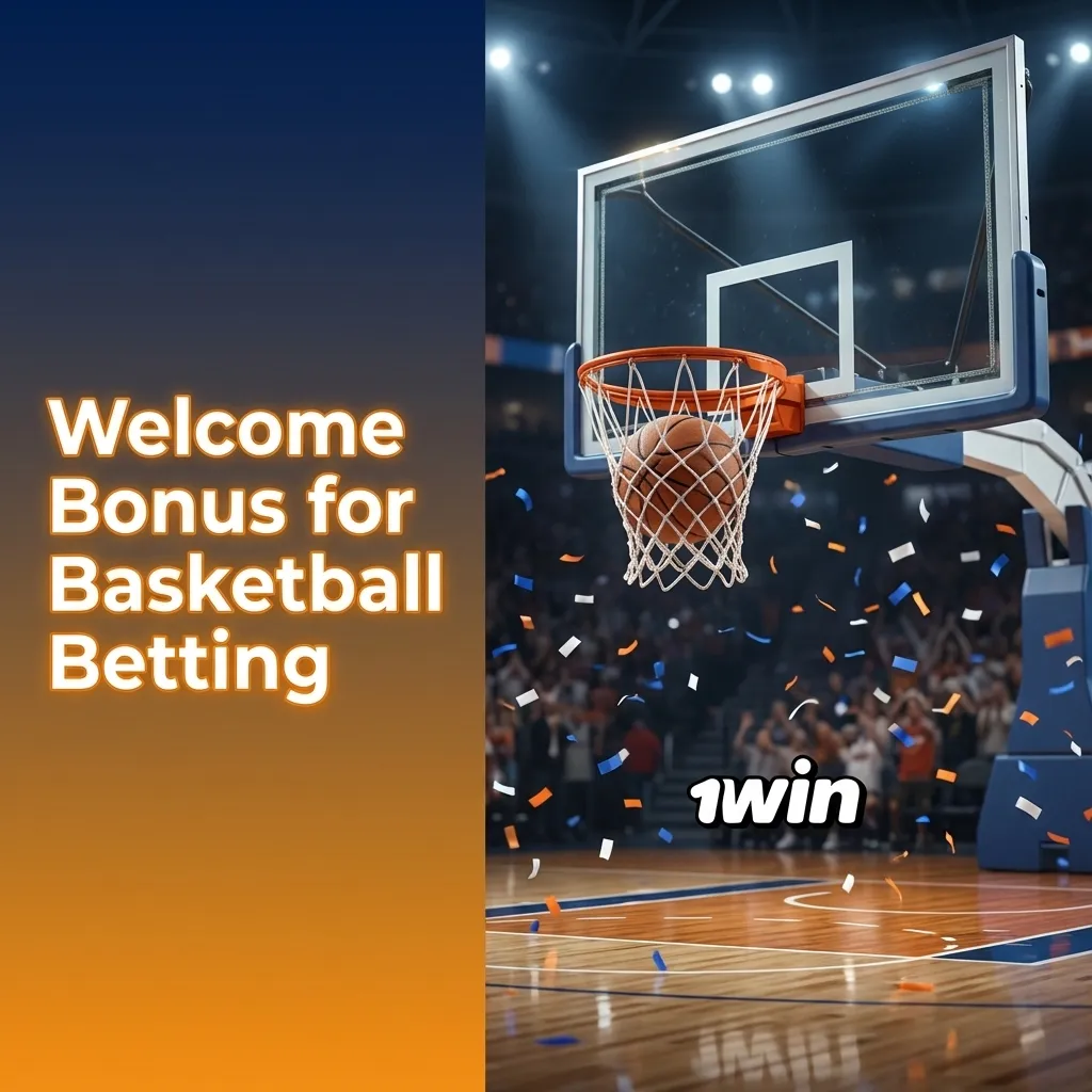 Promotional banner for 1win sports welcome bonus highlighting basketball betting offer for new users